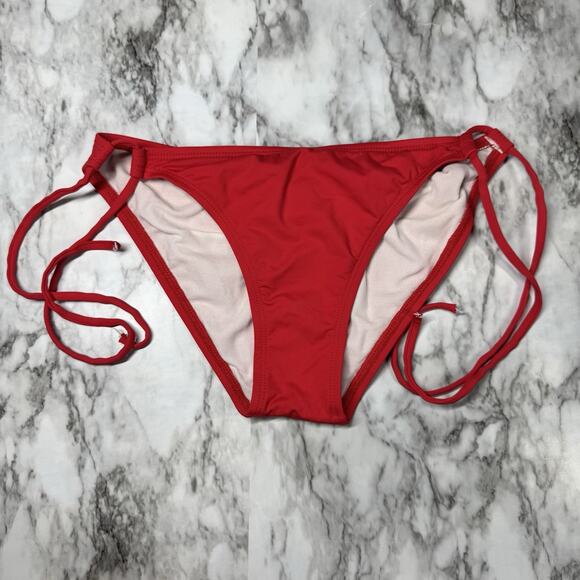 L*Space Red Ruched Bottom Lined Bikini Tie Side Swimsuit Bottom Size Large - Picture 1 of 4